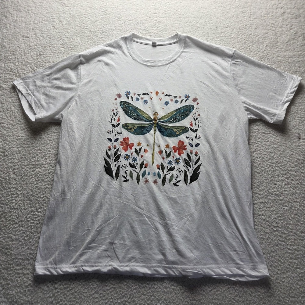 Dragonfly Floral Graphic Shirt Mens 2XL White Nature Cotton Short Sleeve Tee